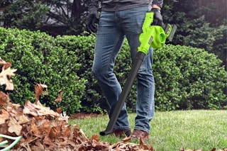 person using leaf blower on a pile of leaves
