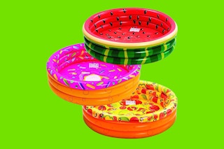 3-Pack Inflatable Kiddie Swimming Pools with Watermelon, Donut, and Pizza Designs on green background