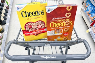 two boxes of cheerios cereal in walgreens shopping cart