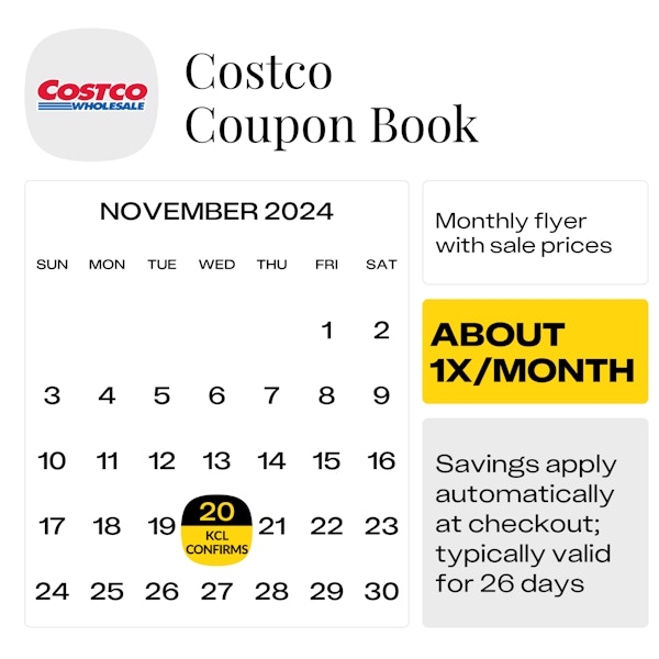 Calendar showing the confirmed start date for the next Costco Coupon Book on November 20, 2024.