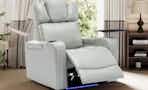 Lifestyle image of the gray PU leather Merax power recliner with LED lights in home setiing