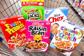 cereal boxes in shopping cart