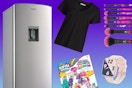 Farberware fridge, No Boundaries tee, Softee dough, smartwatch, and makeup brushes