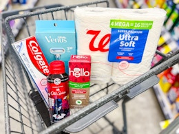 shopping cart with walgreens brand, hello, old spice, colgate, and venus products