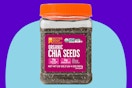 BetterBody Foods Organic Chia Seeds on a blue background.