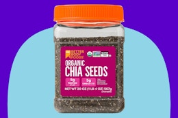 BetterBody Foods Organic Chia Seeds on a blue background.