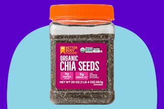 BetterBody Foods Organic Chia Seeds on a blue background.
