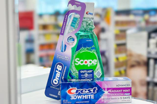 Oral-B, Scope, and Crest products on a store display