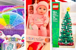 Rainbow Loom bracelet maker, Baby Born doll set, Lego Christmas tree