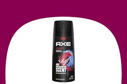 axe body spray on maroon and white background