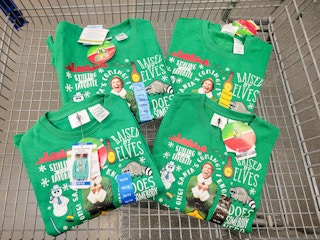 elf sweatshirts in a cart