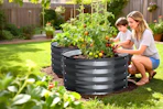 Lifestyle image of 2 raised gardens bed with a mother and son using them to plant vegetables 