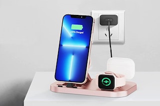 A charging station on a nightstand