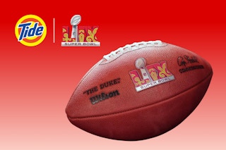 graphic with an image of a superbowl football sponsored by p&g with the tide logo 