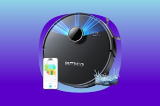 A black robot vacuum and mop that has a smart phone next to it and blue rays coming from it to signify laser guided navigation
