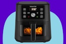 Instant Pot 4QT VORTEX 6-in-1 Mini Air Fryer on a blue background.