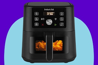 Instant Pot 4QT VORTEX 6-in-1 Mini Air Fryer on a blue background.