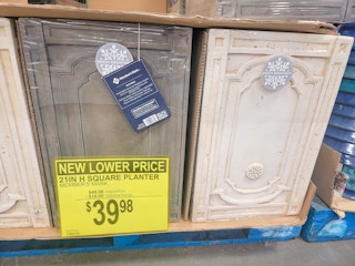 2 large square planters, one brown, one cream