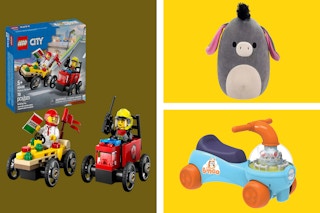 Macy's toy sale Lego set, Squishmallows plush, and Bluey ride on an olive and yellow collage background. 