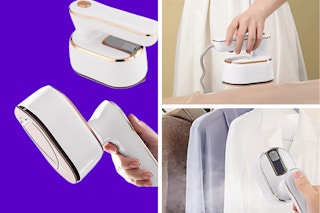 Two angles of the steamer iron, a hand uses it horizontally without steam, another uses it vertically with steam
