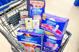 always and olay products in a shopping cart