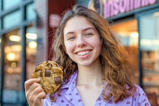 a woman in pajamas holding a cookie from insomnia cookies