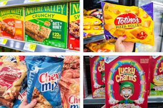 dollar general totino's, nature valley, lucky charms, chex mix 4-photo collage