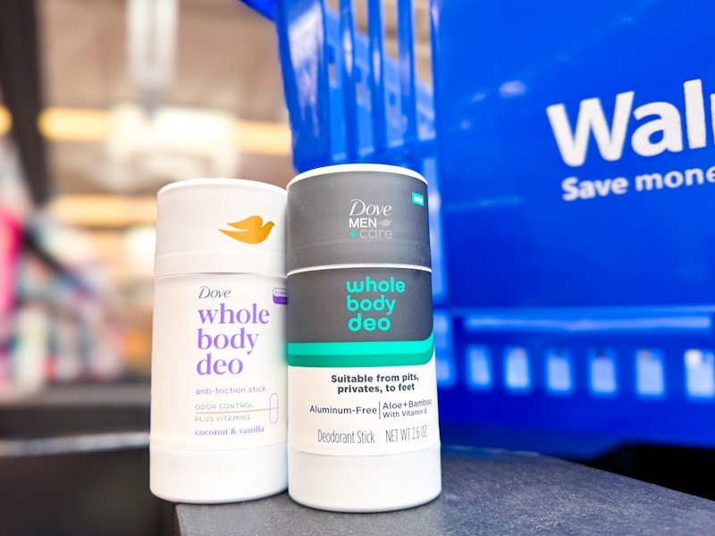 dove whole body deo sticks on shelf next to walmart basket
