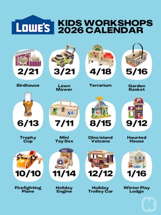 graphic of all 12 lowe's kids workshop events for 2026