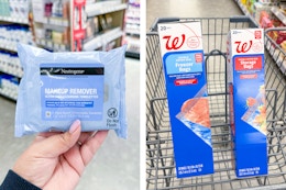 hand holding makeup wipes and storage bags in collage