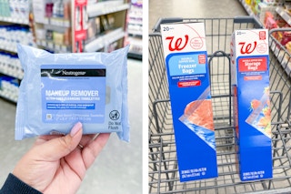 hand holding makeup wipes and storage bags in collage