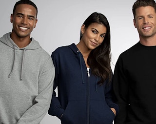 Three people wearing Fruit of the Loom sweatshirts.