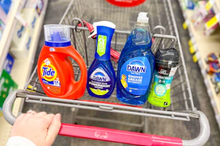 tide detergent, downy scent beads, and dawn dish soap in a cart