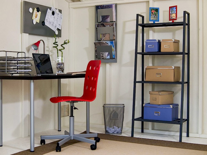 The interior of a tiny home being used as an office