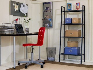 The interior of a tiny home being used as an office