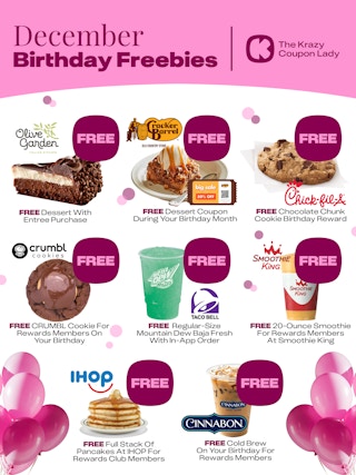a graphic showing the free food you can get with a december birthday