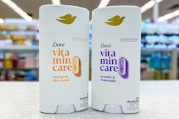 two sticks of dove vitamincare+ deodorant on a countertop