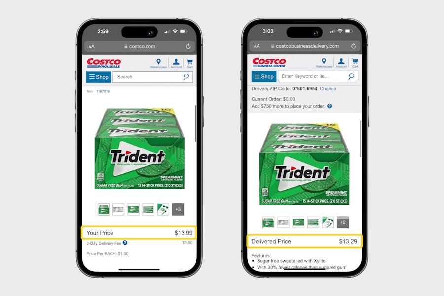 Two phones, each showing the same product but one is from Costco.com with the price of $13.99 and the other is from the Costco Business ...