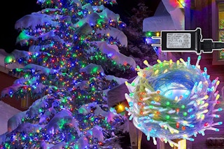 Multicolor Christmas lights on a tree.