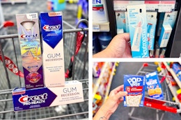 collage image of premium crest toothpaste, neutrogena lip sleeping mask, pop tarts, and rice krispies treats