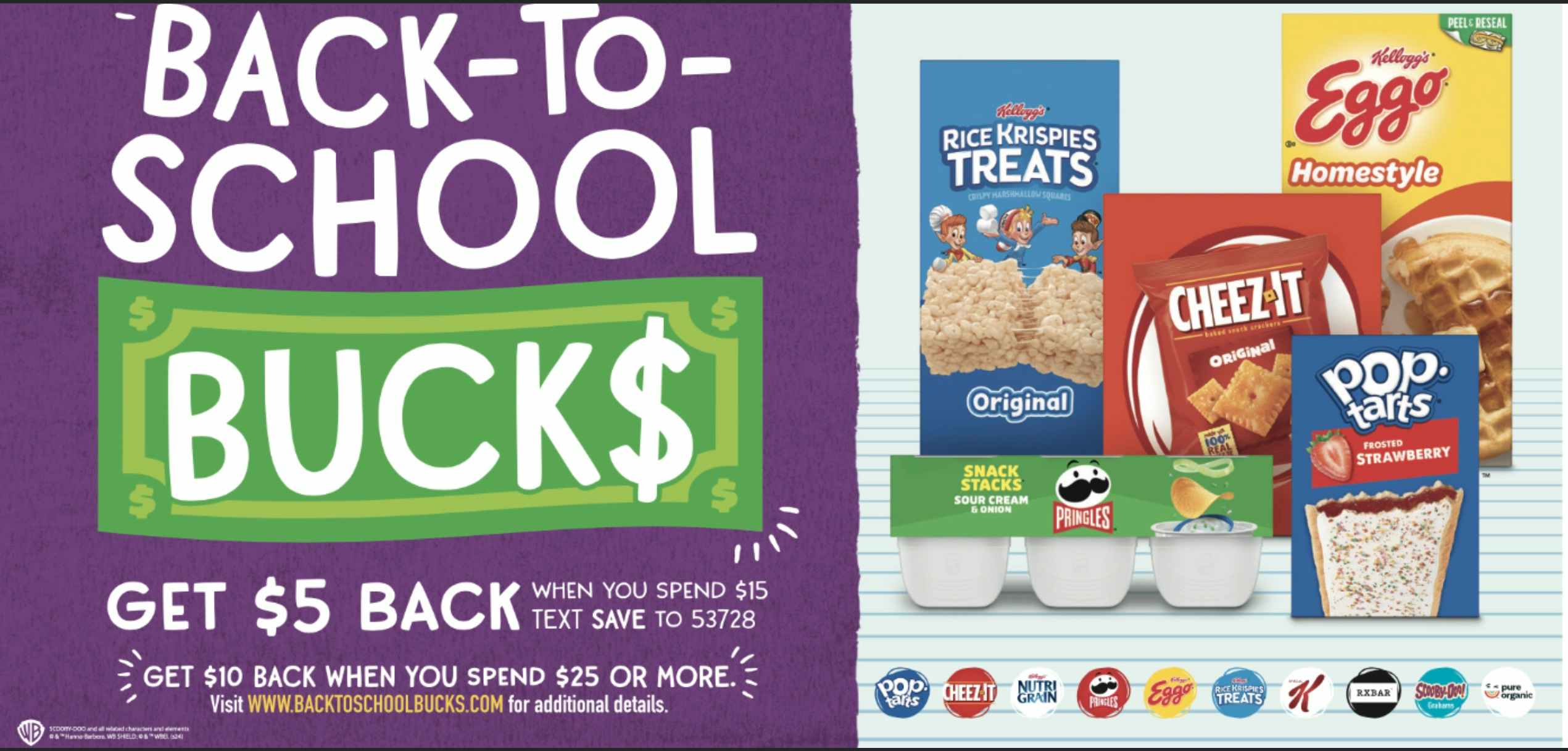 image of rice krispies treats, cheez-its, eggo and more snacks with an image of earning cash back for purchasing