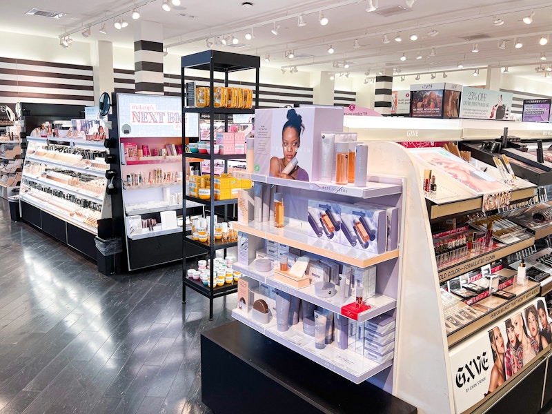 Shelves and displays inside a Sephora store.