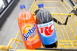 sunkist and rc cola in yellow shopping cart
