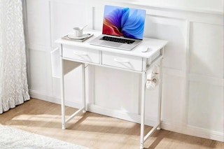 Lifestyle image of a white Jionjoy writing desk in room setting