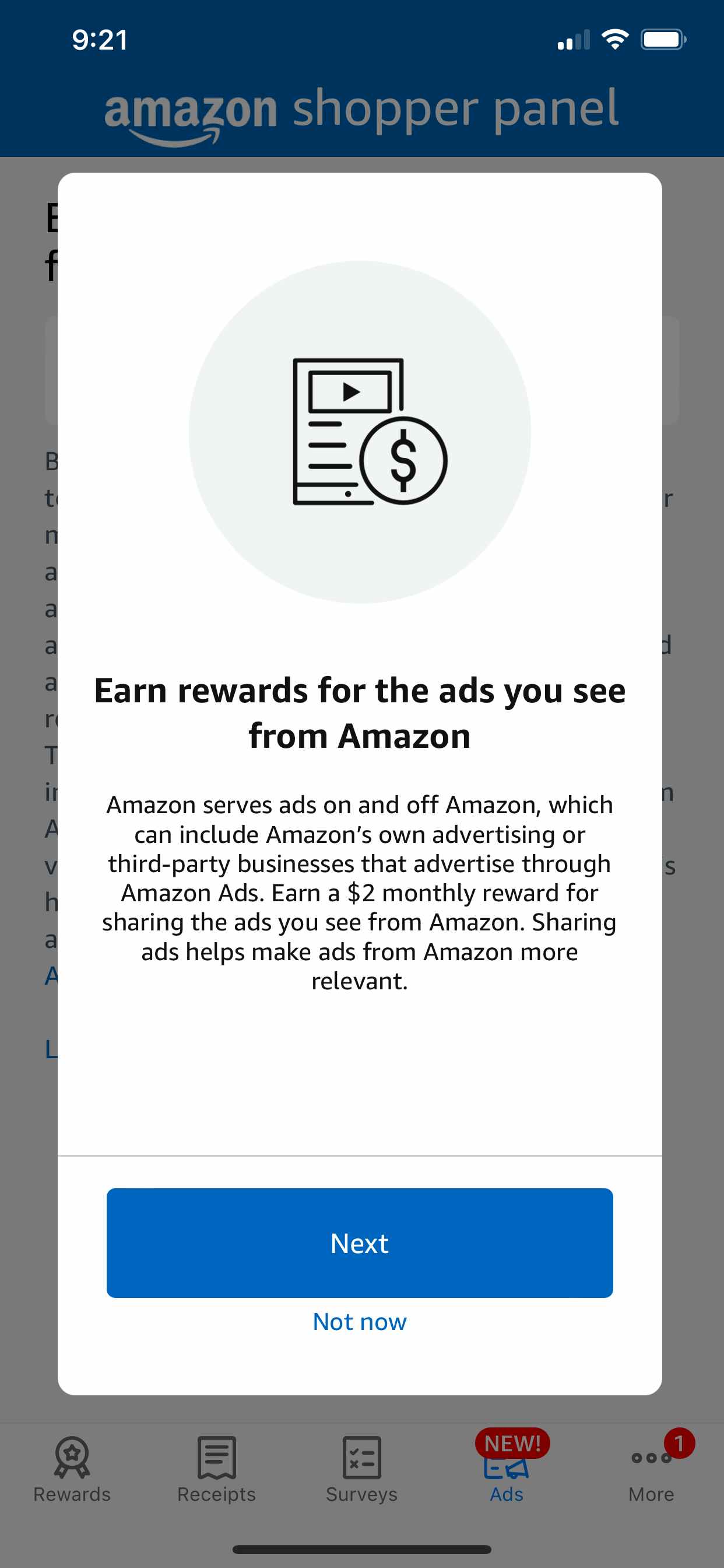 Screenshot of the Amazon Shopper Panel ad sharing prompts