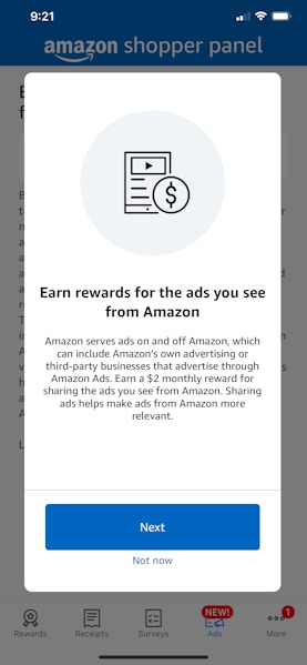 Screenshot of the Amazon Shopper Panel ad sharing prompts