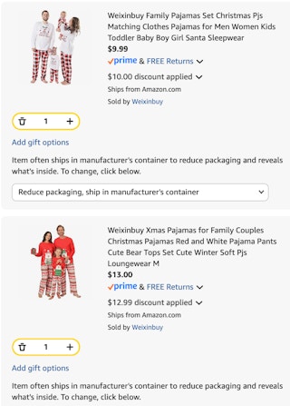 Christmas pajama sets Amazon receipt