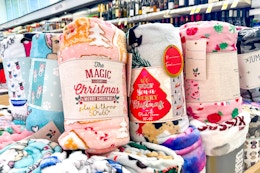 christmas throw blankets on display