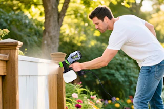 Lifestyle image of the Workpro Paint Sprayer being used to paint an outdoor fence