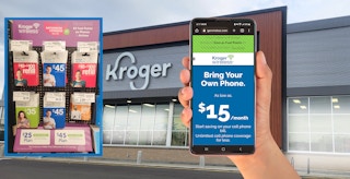 kroger wireless store, phone screenshot, and in-store cards